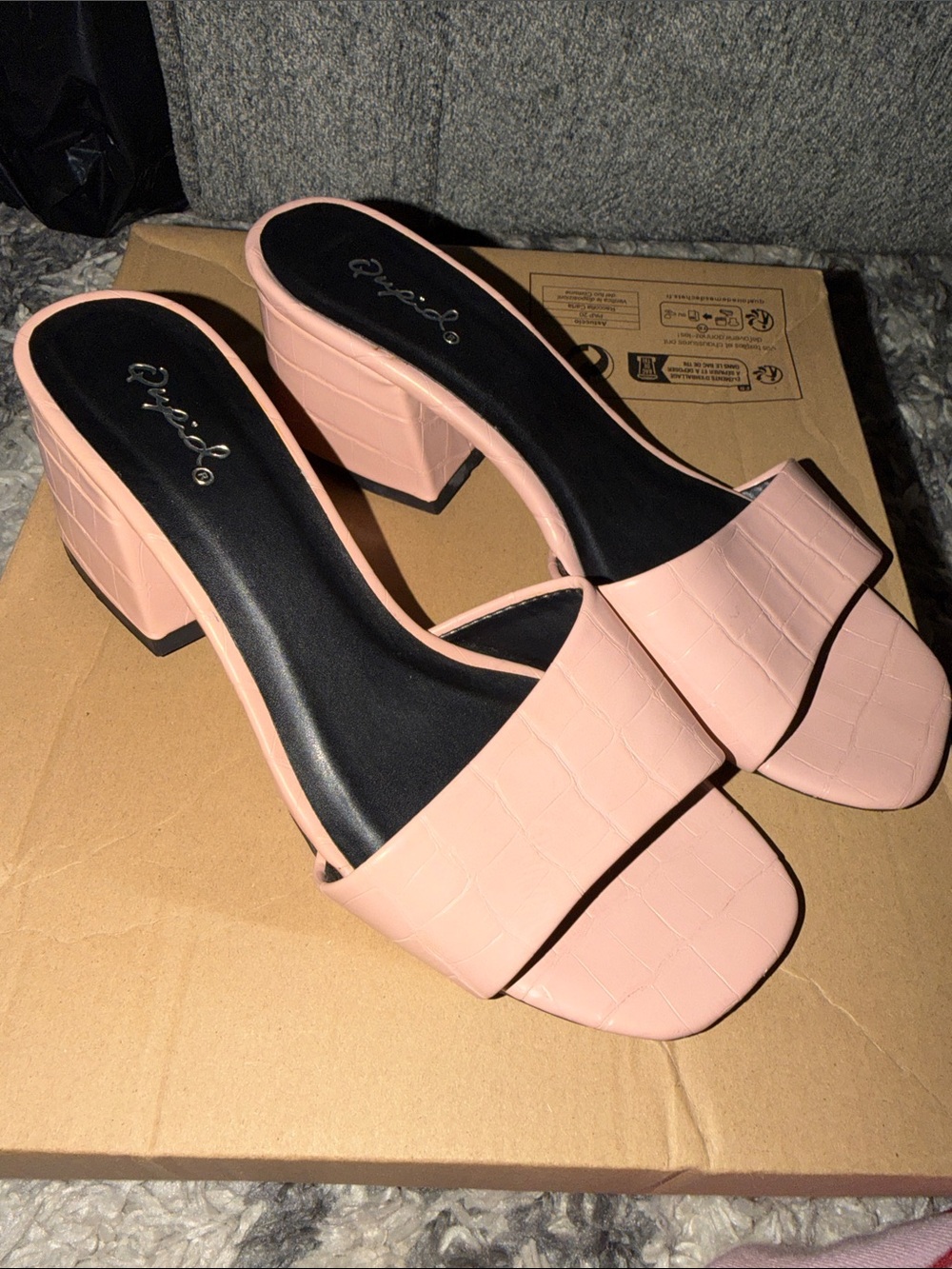 Qupid Blush Pink Croc-Embossed Square Toe Block Heel Slides